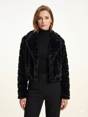 Revamped Black Faux Fur Cropped Lined Coat Size Large